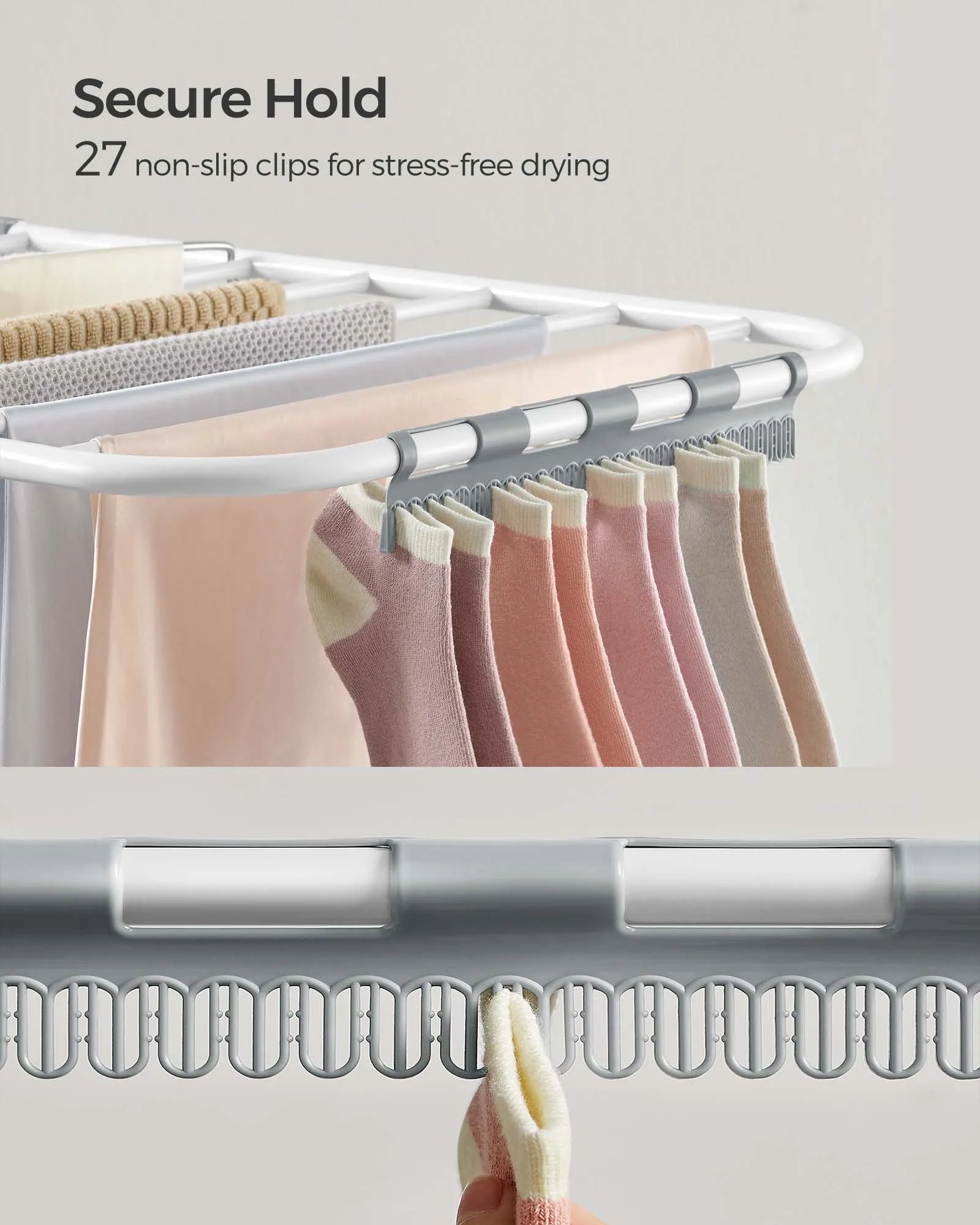 SONGMICS Clothes Drying Rack, with Sock Clips, Metal Laundry Rack, Foldable, Space-Saving, Free-Standing Airer