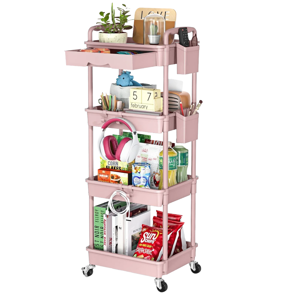4 Tier Rolling Utility Cart with Drawer,With Drawer & Extended Poles,With Plastic Shelf & Lockable Wheels,Smooth Mobility