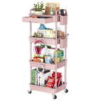 4 Tier Rolling Utility Cart with Drawer,With Drawer & Extended Poles,With Plastic Shelf & Lockable Wheels,Smooth Mobility
