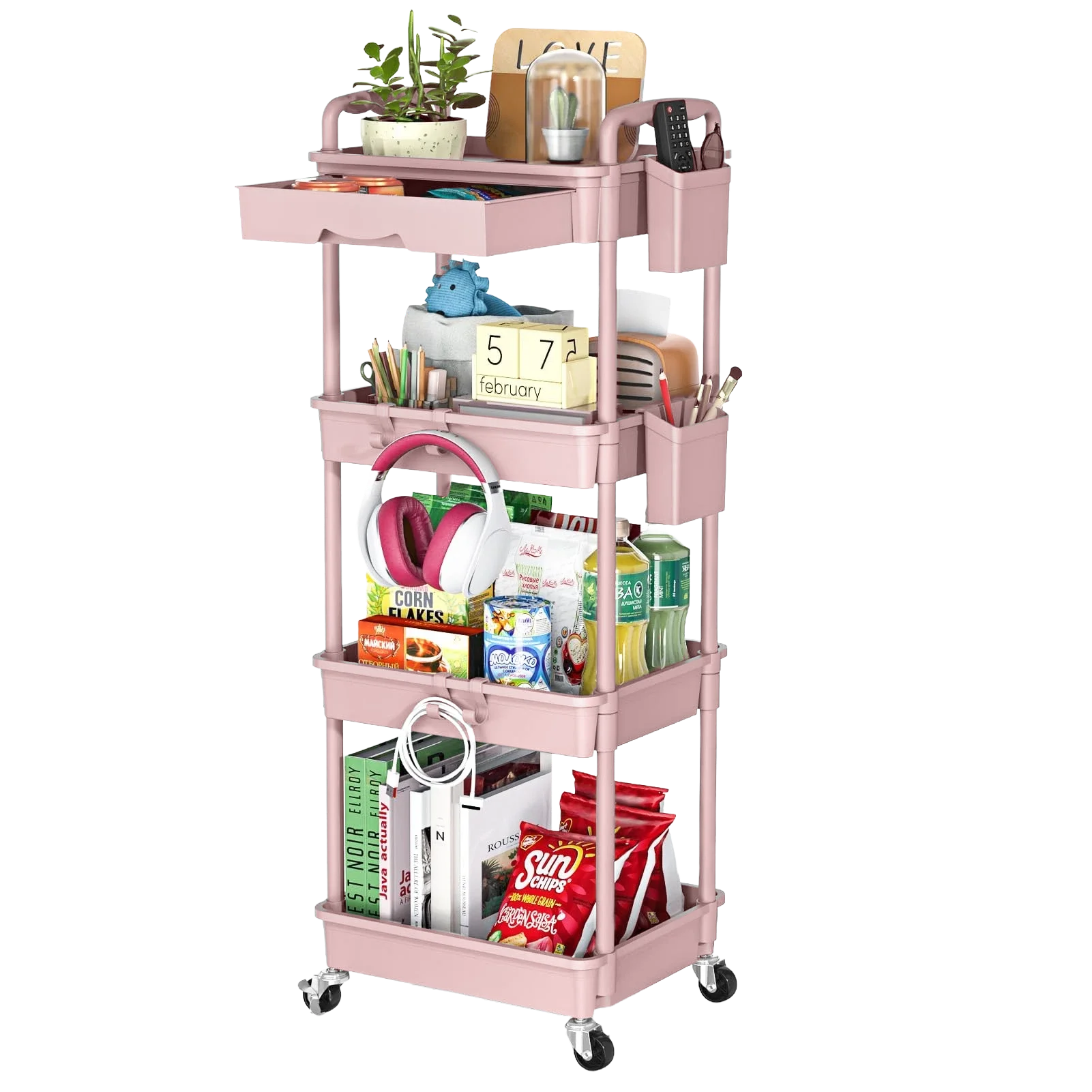 4 Tier Rolling Utility Cart with Drawer,With Drawer & Extended Poles,With Plastic Shelf & Lockable Wheels,Smooth Mobility