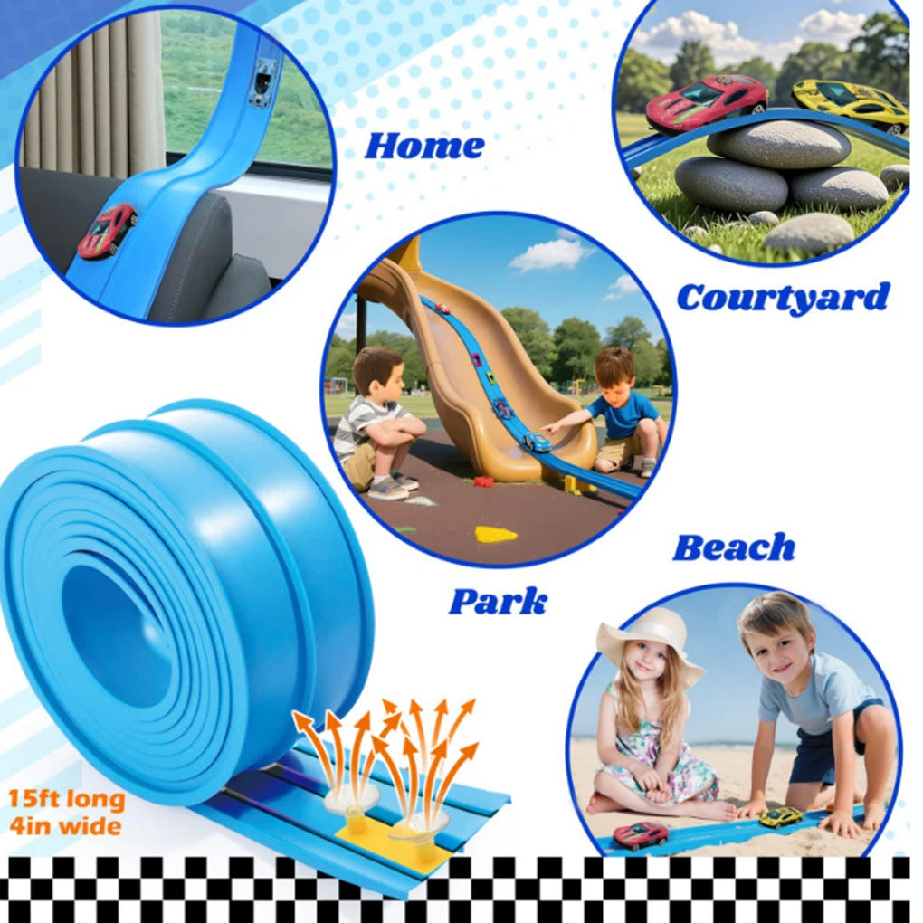Double-track Race Children Toys DIY Track Racing Car Ramp Compatible 1/64th Cars Portable Rolls Up With suction cup track