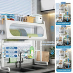 Over Sink Dish Rack Adjustable Height Sink Rack with Tableware Holder Hooks Chopping Board Holder Kitchen Storage for Drying