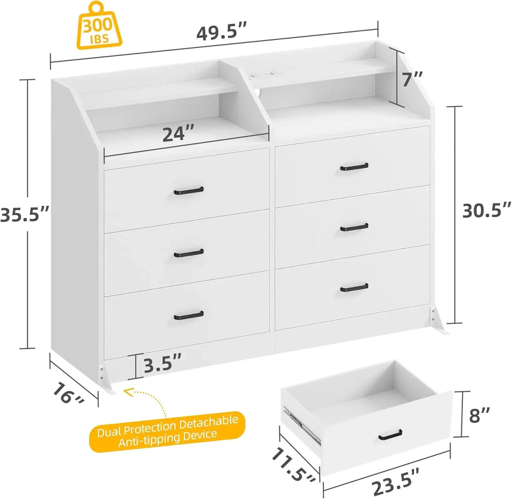 6 Drawer Dresser with LED Light and Charging Station, Modern Chest of Drawers, Wide Drawer Organizer Cabinet for Living Room