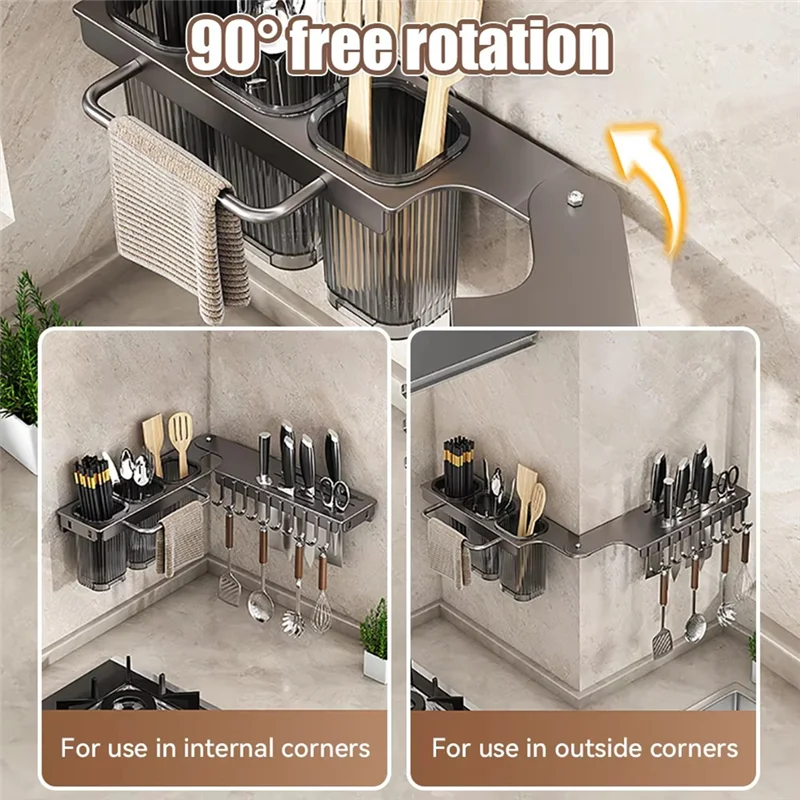 KYCOR-Wall-Mounted Multi-Functional Knife Holder - Folding Shelf For Kitchen, Includes Chopsticks Tube And Cutter Storage