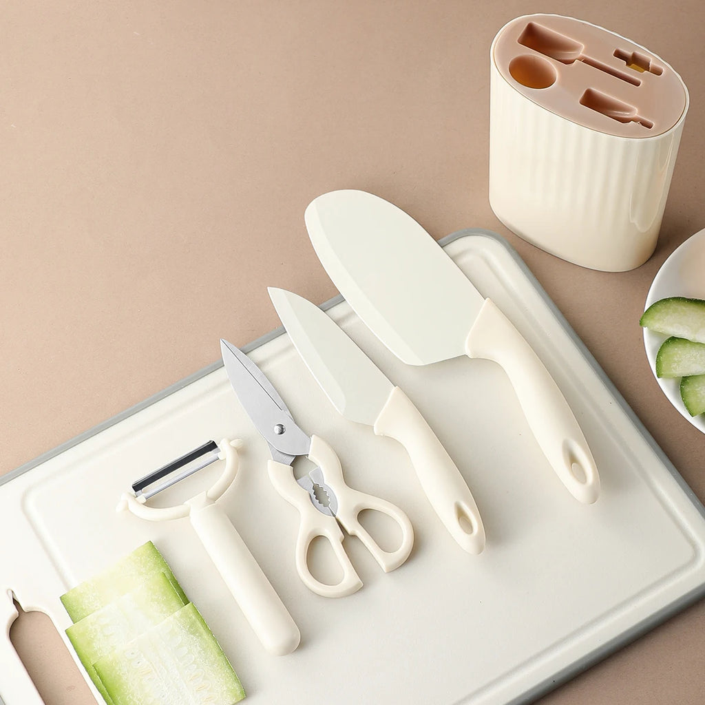 5-piece kitchen tool set, including a small chopping knife, scissors, fruit knife, peeler, and knife block, suitable for househo