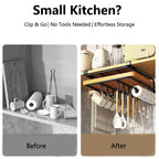 Kitchen Under Cupboard Hanging Organizer Rack with Hooks,Multi-purpose Storage for Cutting Board, Pot Cover,Paper Towel & Rags ﻿
