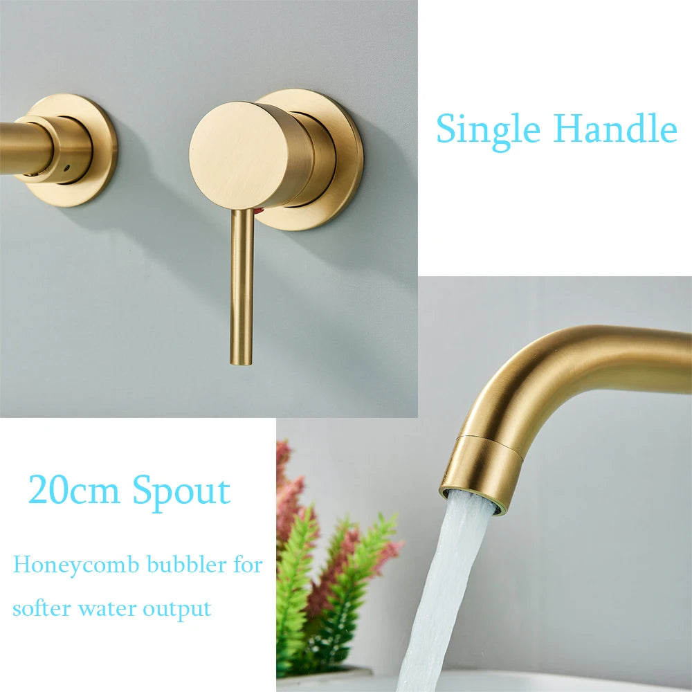 Bathroom Basin Faucet Brushed Golden Concealed Wall Mounted Faucet Tap 360 Rotation Single Handle Hot Cold Water Bath Mixer Tap