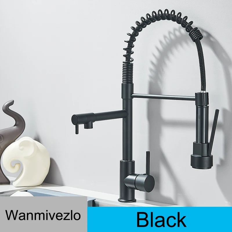 Wanmivezlo Pull Down Kitchen Sink Faucet Hot Cold Water Mixer Crane Tap with Dual Spout 360 Rotation High Faucet Deck Mounted