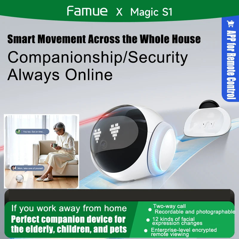 Famue Smart Child Care Robot with Pet Monitoring & Elderly Companion, APP Remote Control, 2-Way Voice Call, Motion Detection for