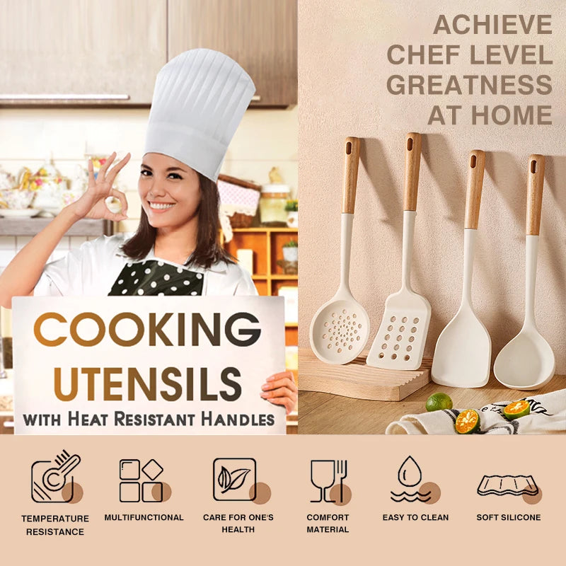 New Silicone Kitchen Cooking Utensils Set Durable Hardwood Handle Heat Resistant Tool Non-stick Turner Slotted Spoon Spatula Kit