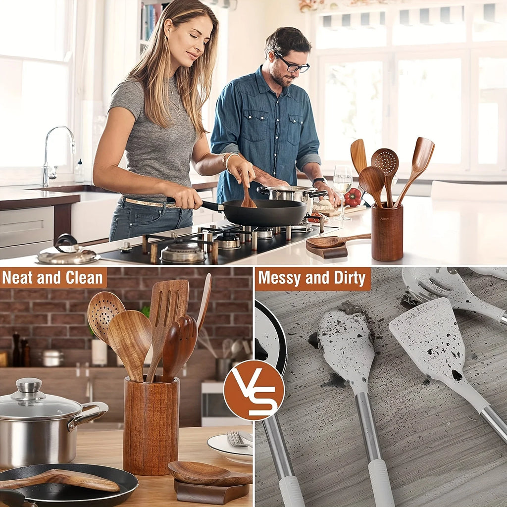 Natural Teak Wood Kitchen Utensil Set Wooden Cooking Tools with Holder Ideal for Healthy Non - Stick Cookware Cooking