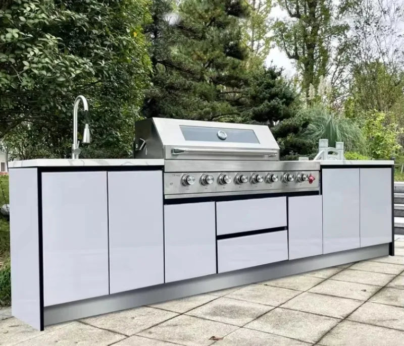 Outdoor Kitchen Cabinet Barbecue Worktop with Durable Stainless Steel Cabinet Door Includes Sink Hinge Drawer Slide Faucet