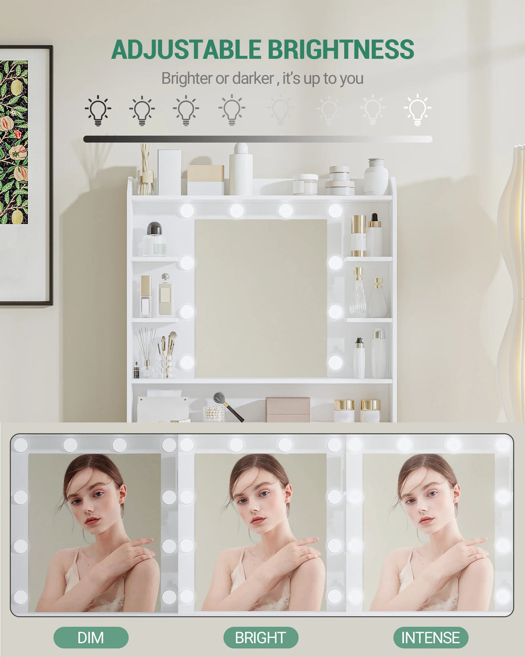 Dressing Table with Mirror, Dressing Table with Shelves and 2 Drawers, for Bedroom, Living Room, Adjustable Brightness, 40 x 80