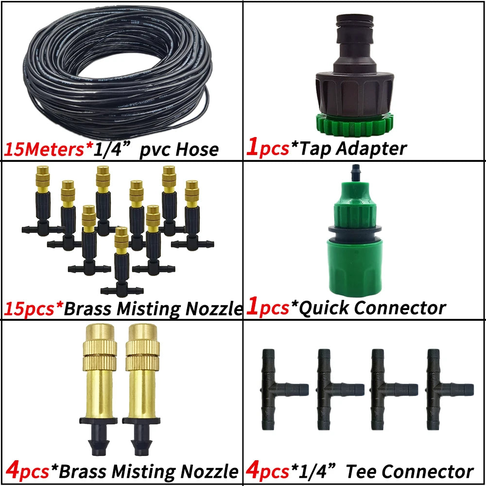 5M-30M Outdoor Misting Cooling System Garden Irrigation Watering 1/4'' Brass Atomizer Nozzles 4/7mm Hose for Patio Greenhouse