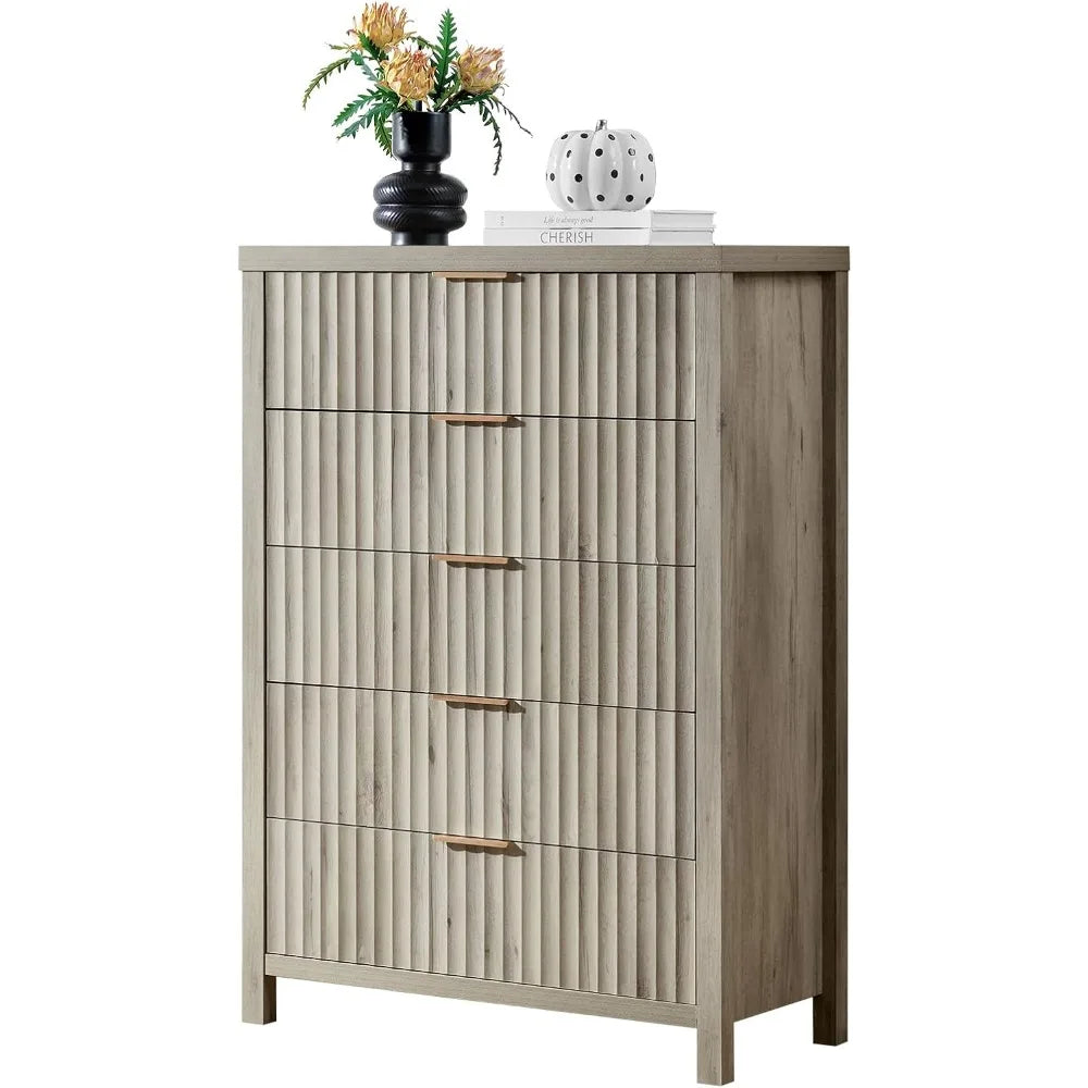 5 Drawers Dresser for Bedroom, 44 Inches Tall Modern Bedroom Dressers, Chest of Drawers for Bedroom, Fluted Dresser for Closet O