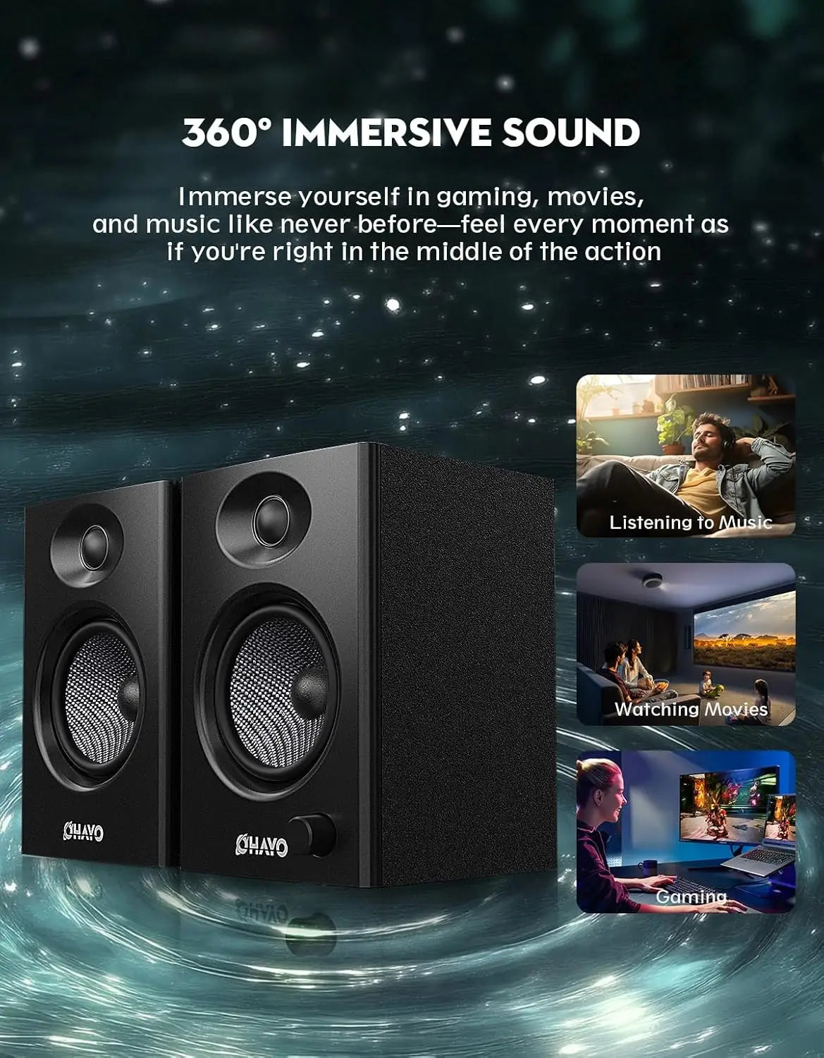 OHAYO 60W Computer Speakers for Music Gaming, Active Bluetooth 5.3, Stereo 2.0 Speakers for Desktop PC or Laptop, Aux RCA Input