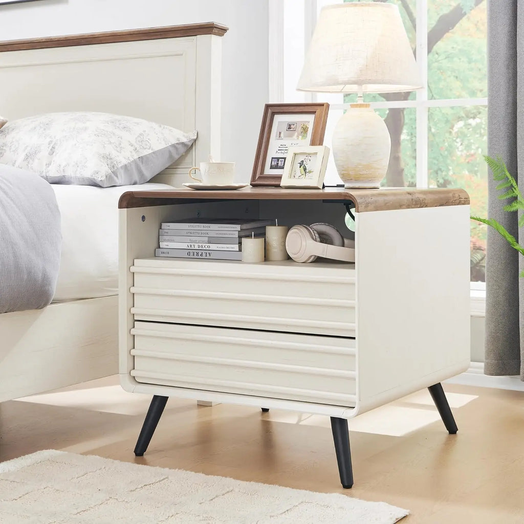 24" Nightstand with Charger Station, Mid Century Modern Fluted End Table with 2 Drawers, Wooden Side Table with Open Cubby