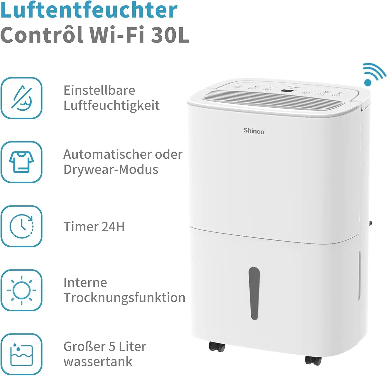 SHINCO 30L Electric Dehumidifier for 105 m³ (35 m²), WiFi, Energy Savi