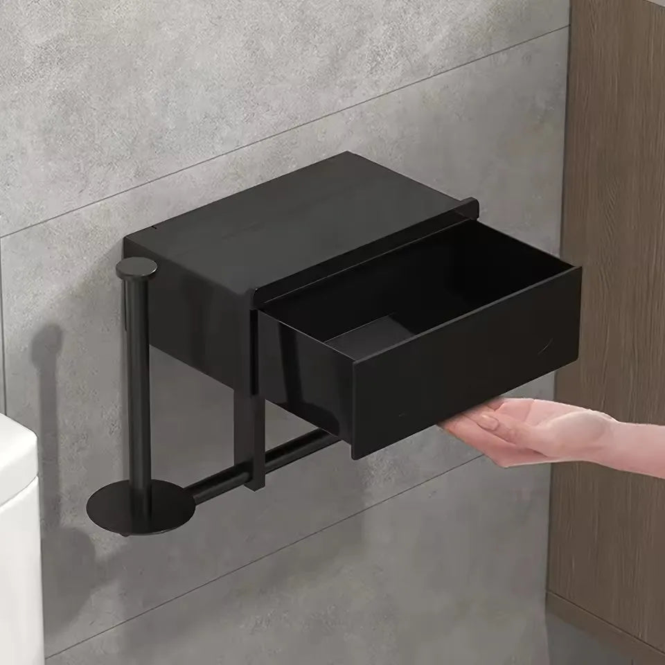 1pc Sleek Black Wall - Mounted Toilet Paper Holder with Shelf - No - Drill, Durable Bathroom Organizer for Essentials