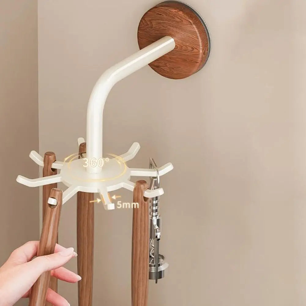 No Drill Kitchen Storage Rack Wall Mounted Anti Drop 360 Rotating Hooks Space Saving Utensil Organizer for Kitchenware