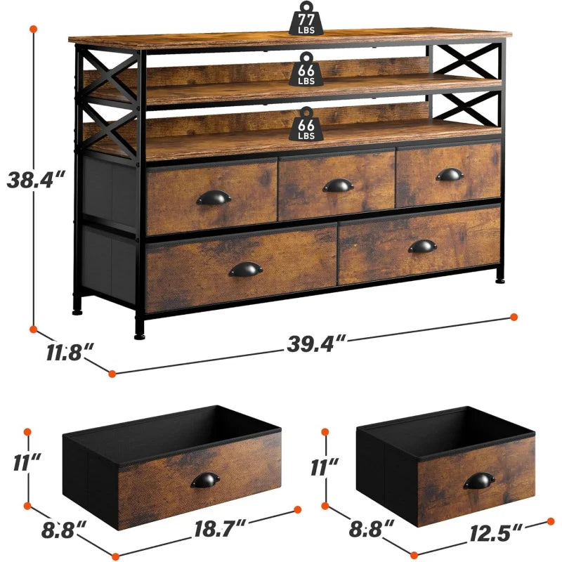 TV Stand 50" TV, Sturdy Dresser for Bedroom with 5 Fabric and Wood Open Shelves, Dressers & Chest of Drawers