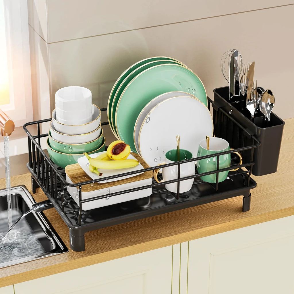 dish draining rack,Cutlery rack with drain tray and drip line,cup holder,cutlery holder,Kitchen countertop storage rack