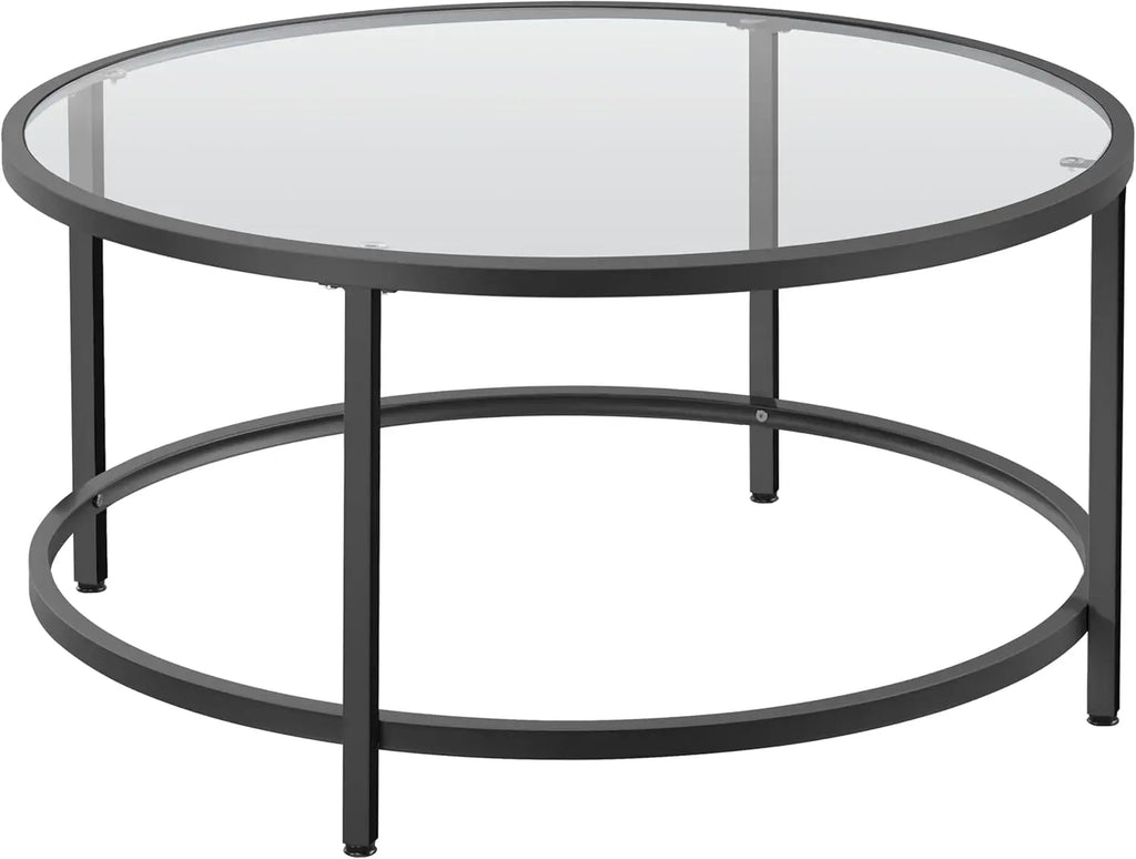 36" Round Glass Coffee Table, Black Circle Coffee Table Center Table with Glass Top, Small Coffee Table