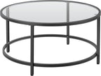 36" Round Glass Coffee Table, Black Circle Coffee Table Center Table with Glass Top, Small Coffee Table