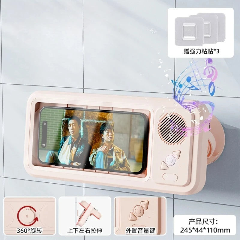 Creative Bathroom Waterproof Phone Case with Bluetooth Speaker Wall Mount Touch-screen Phone Holder Stand Anti-Fog for Showering