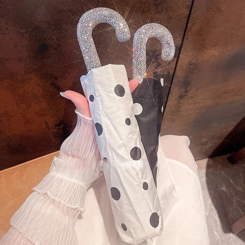 Bling Rhinestones Handle Sunshade Umbrella Women's Sunshine Rain Umbrella Portable Polka Dots Anti UV Folding Sun Umbrella