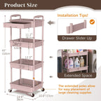4 Tier Rolling Utility Cart with Drawer,With Drawer & Extended Poles,With Plastic Shelf & Lockable Wheels,Smooth Mobility