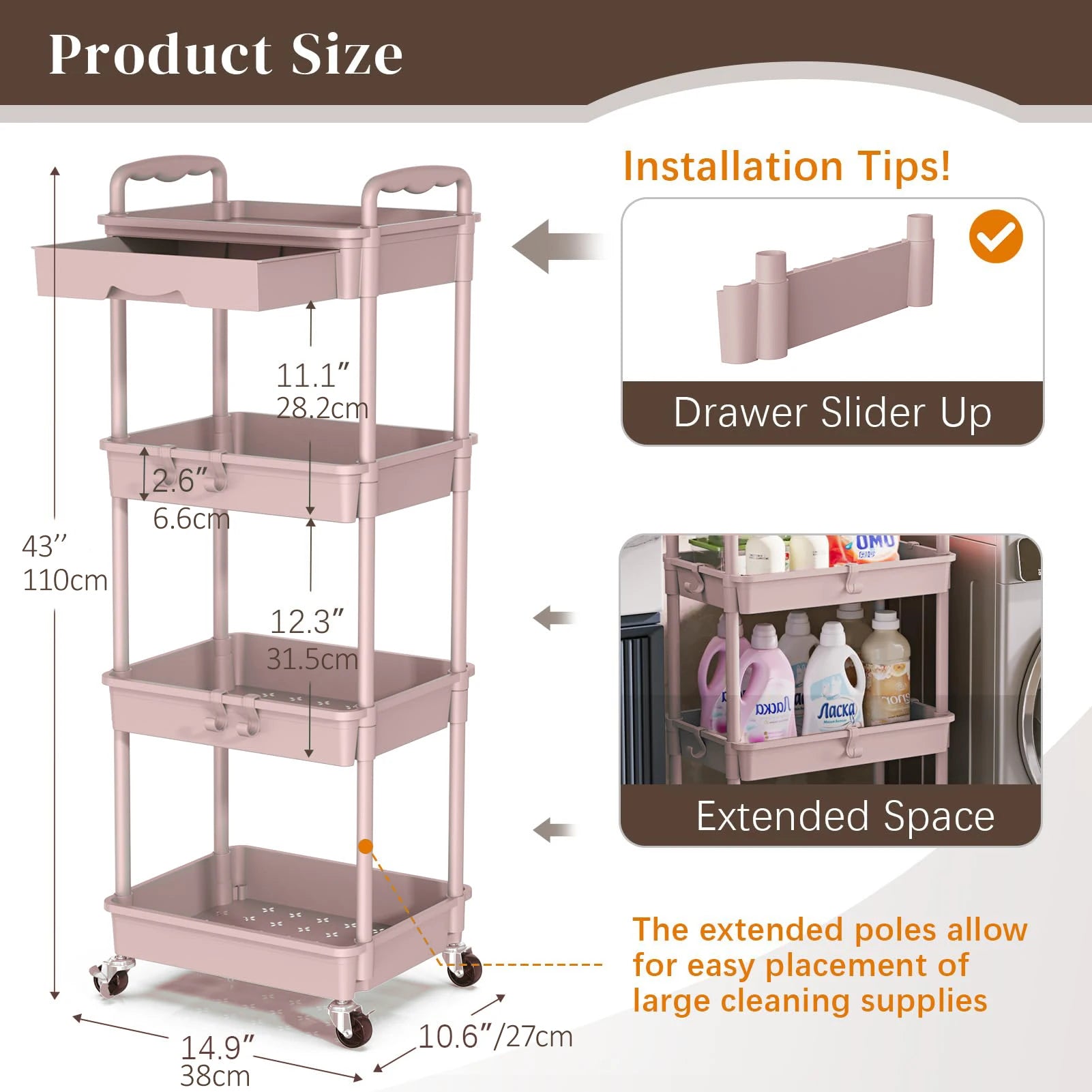 4 Tier Rolling Utility Cart with Drawer,With Drawer & Extended Poles,With Plastic Shelf & Lockable Wheels,Smooth Mobility