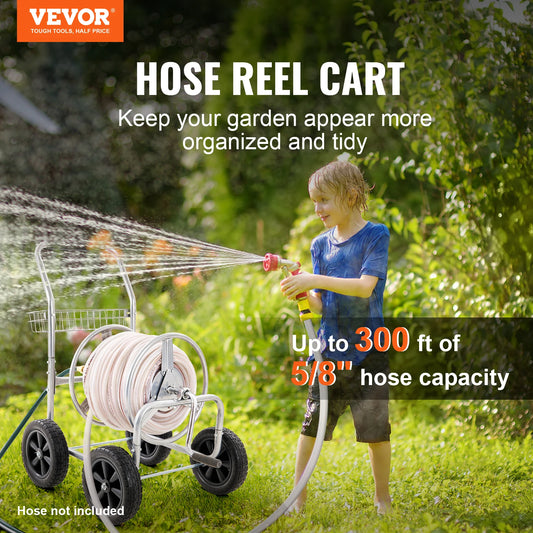 SucceBuy Hose Reel Cart Hold Up to 300 ft of 5/8’’ Hose Garden Water Hose Carts Mobile Tools with 4 Wheels Powder-coated Steel