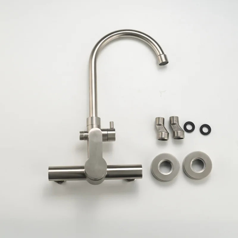 Brushed Nickel Wall Kitchen Sink Faucet with Bidet Sprayer Shower Head Stainless Steel Swivel Dual Hole Cold Hot Water Mixer Tap
