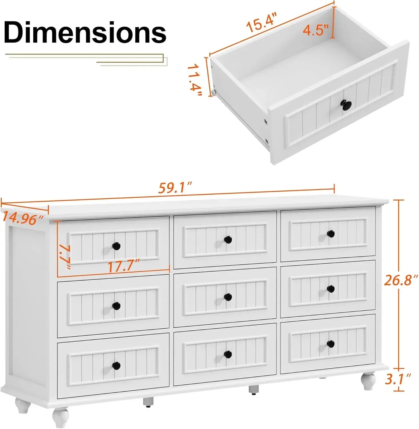 Scurrty White 9 Drawer Dresser, Antique Chest of Drawers,Large Cabinet with Storage, Big Dresser for Clothes in Bedroom