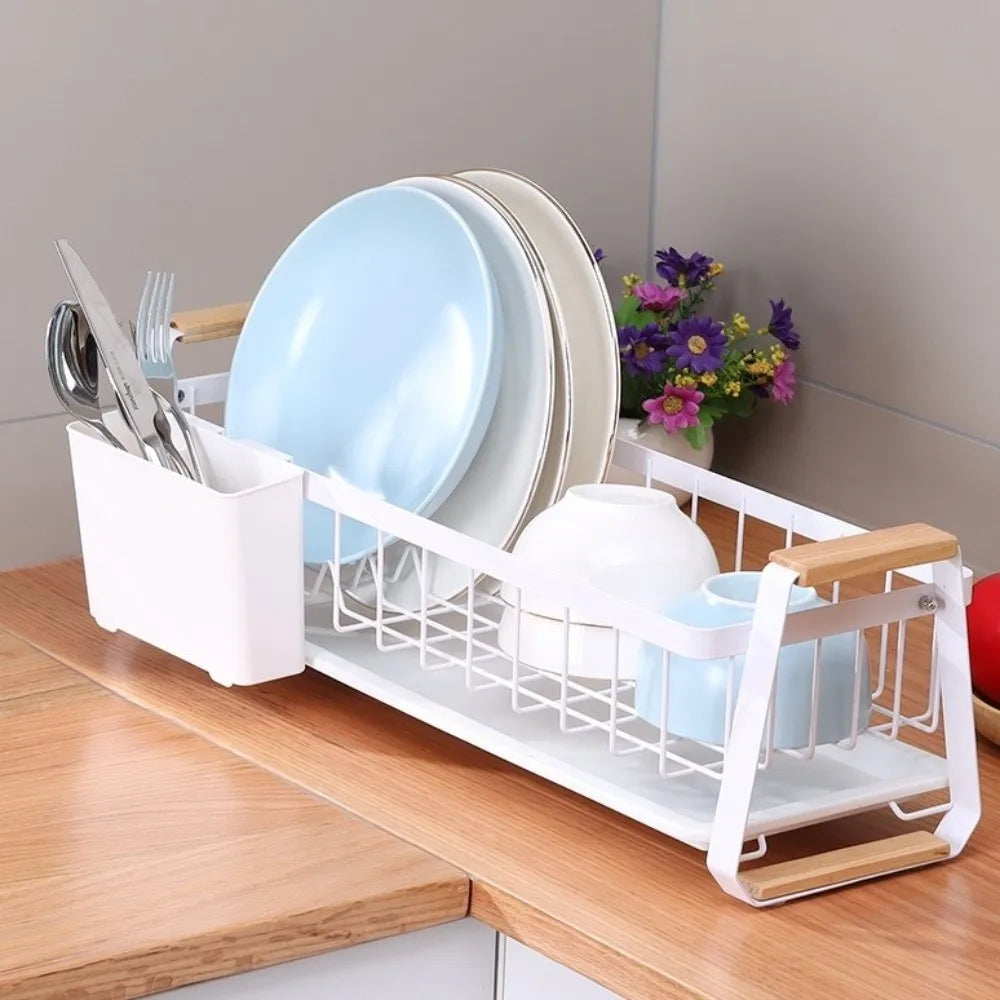 Detachable Kitchen Dish Rack Large Capacity Metal Frame Dish Drying Drain Rack Dish Drainer Wooden Handle Tableware Storage Rack