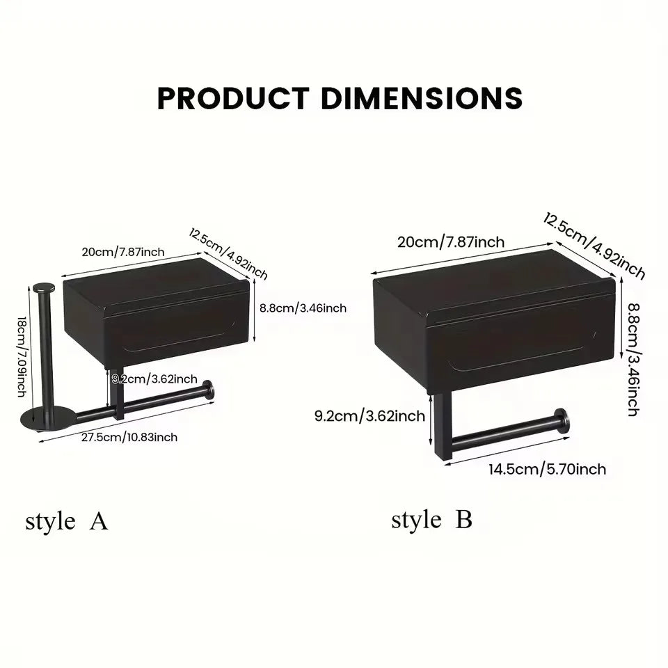 1pc Sleek Black Wall - Mounted Toilet Paper Holder with Shelf - No - Drill, Durable Bathroom Organizer for Essentials