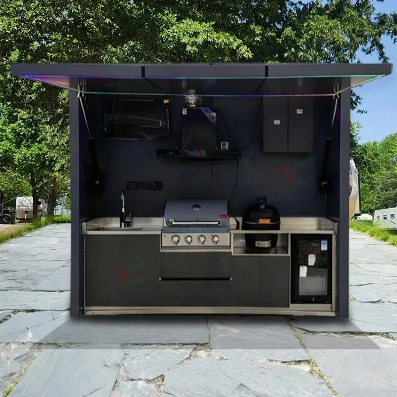 Customizable Mobile Outdoor Kitchen with BBQ Grill, Fridge & Storage for Tailgating & Outdoor Events