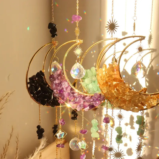 1pc, Amethyst Moon Crystal Prisms Suncatcher, Half Moon Shaped Window Hanging Pendant Glass Prisms Decor Wind Chime Rainbow Sun
