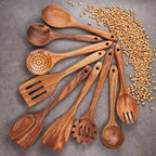 Natural Teak Wooden Kitchen Utensil Set - Comfort Grip Cooking Spoons and Utensils Holder