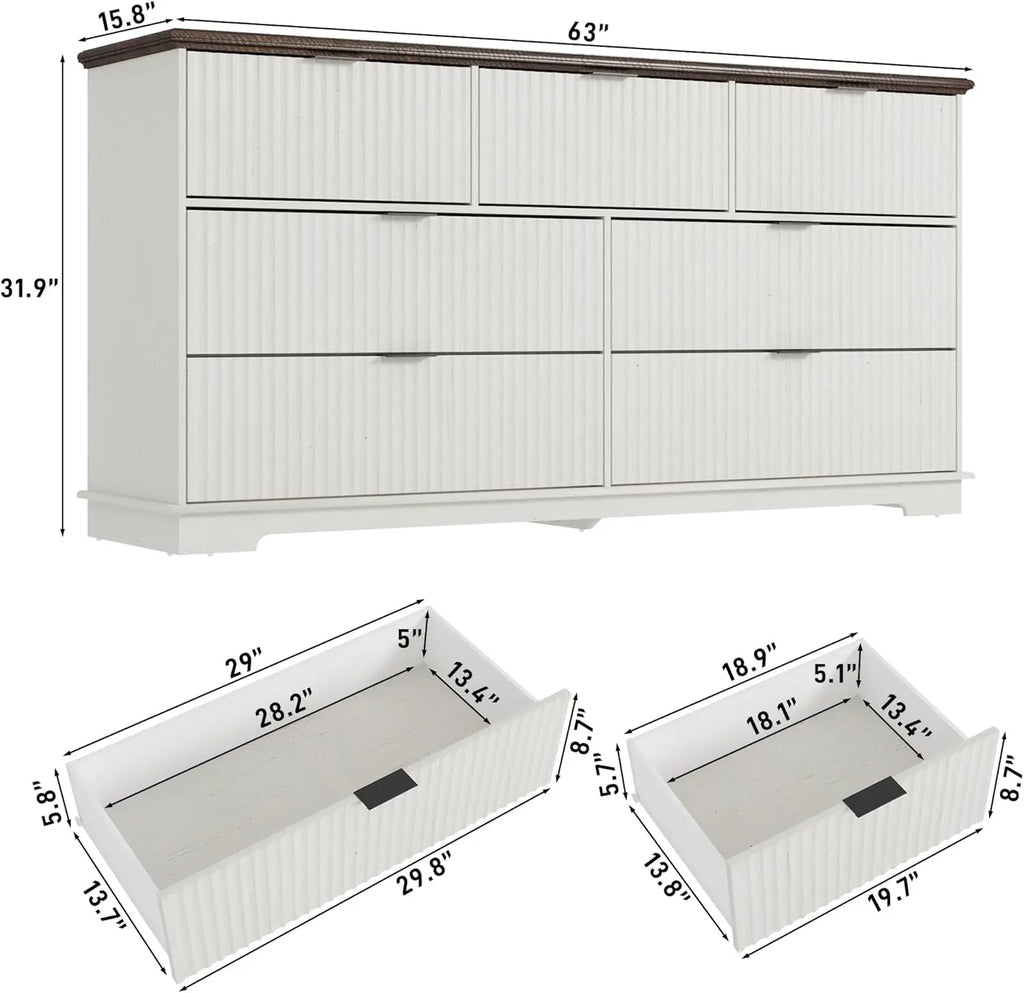 Fluted 7 Drawers Dresser for Bedroom, 63" Wood Dresser with Power Outlet and Deep Drawers, Wide Chest of Drawers