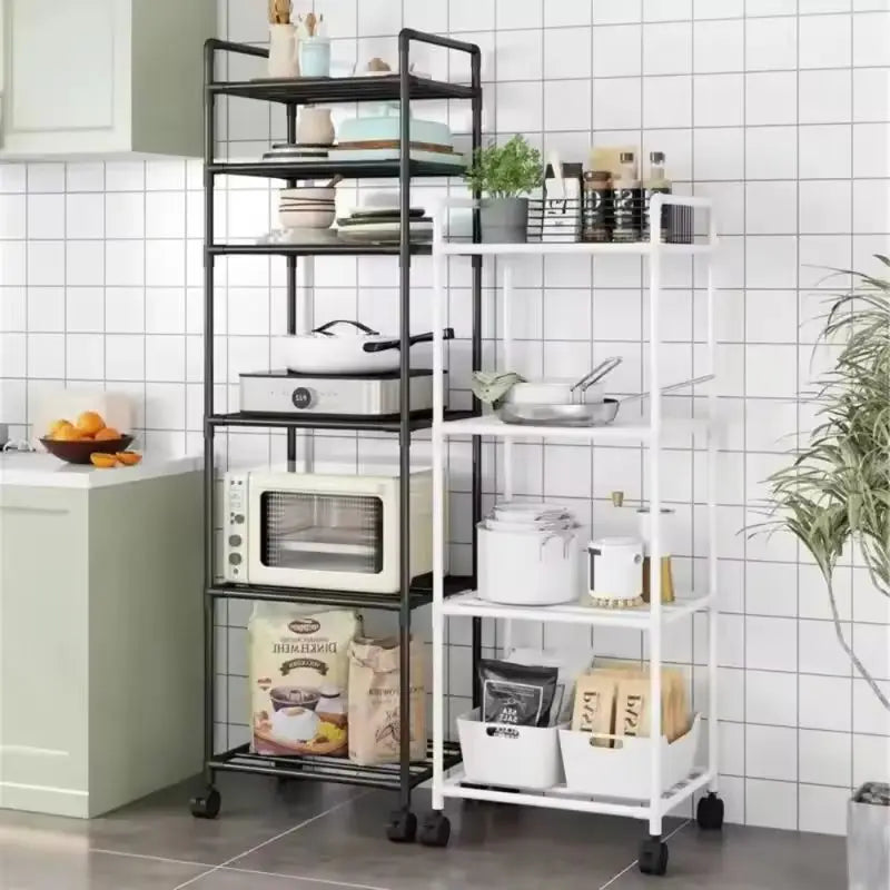 Floor-Standing Multi Layer Storage Rack Shelf with Pulley Trolley Bathroom Kitchen Microwave Storage Rack Kitchen Accessories