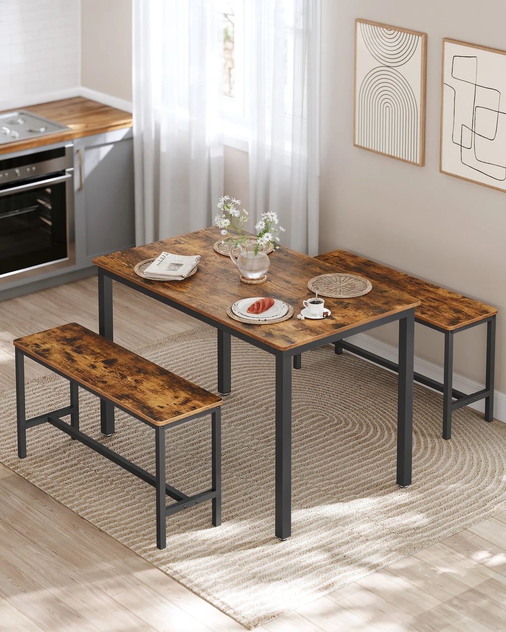 VASAGLE Dining Group, (set, 3 PCs), Kitchen Table 70x110x75 cm, 2 benches each 30x97x50 cm