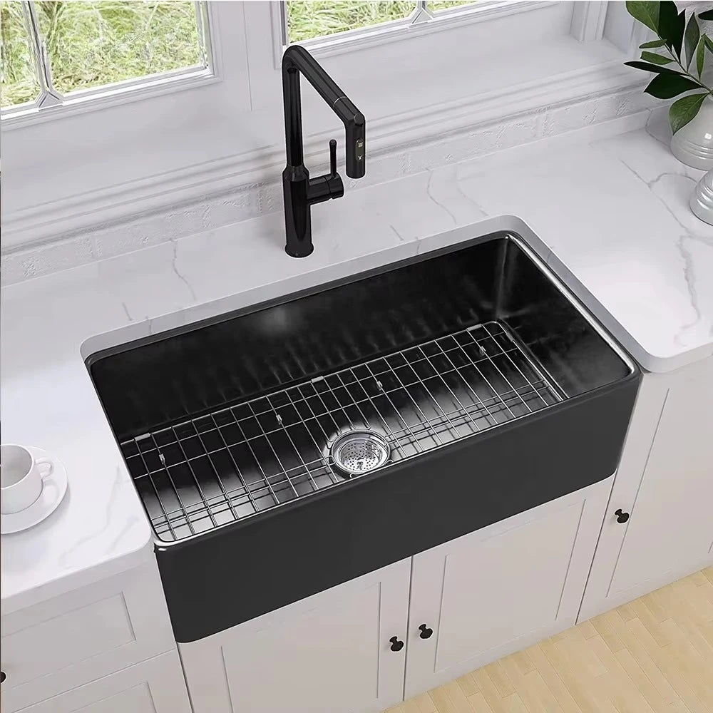 Luxury Kitchen Cabinets American Style 33 Inch Single Blow Ceramic Basin and Sink Modern Semi-Recessed Black Kitchen Sink