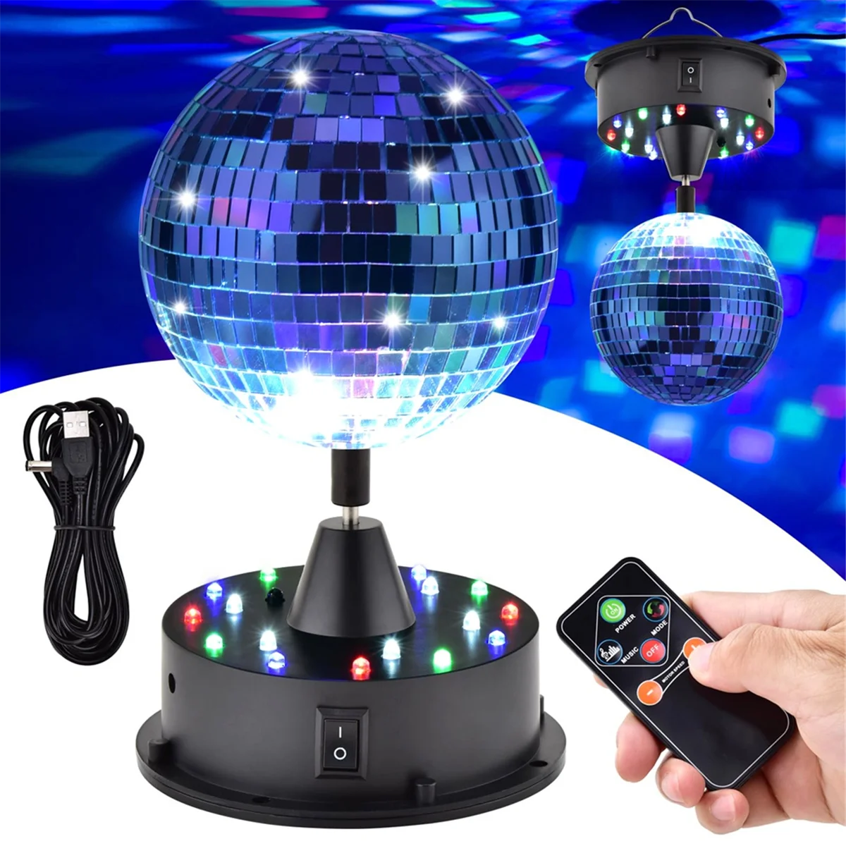 A20M Rotating 5in Disco Ball Party Lights with Remote, 6-12RPM Adjustable Disco Ball,18 LEDs DJ Light,Hanging and Table 2 Use
