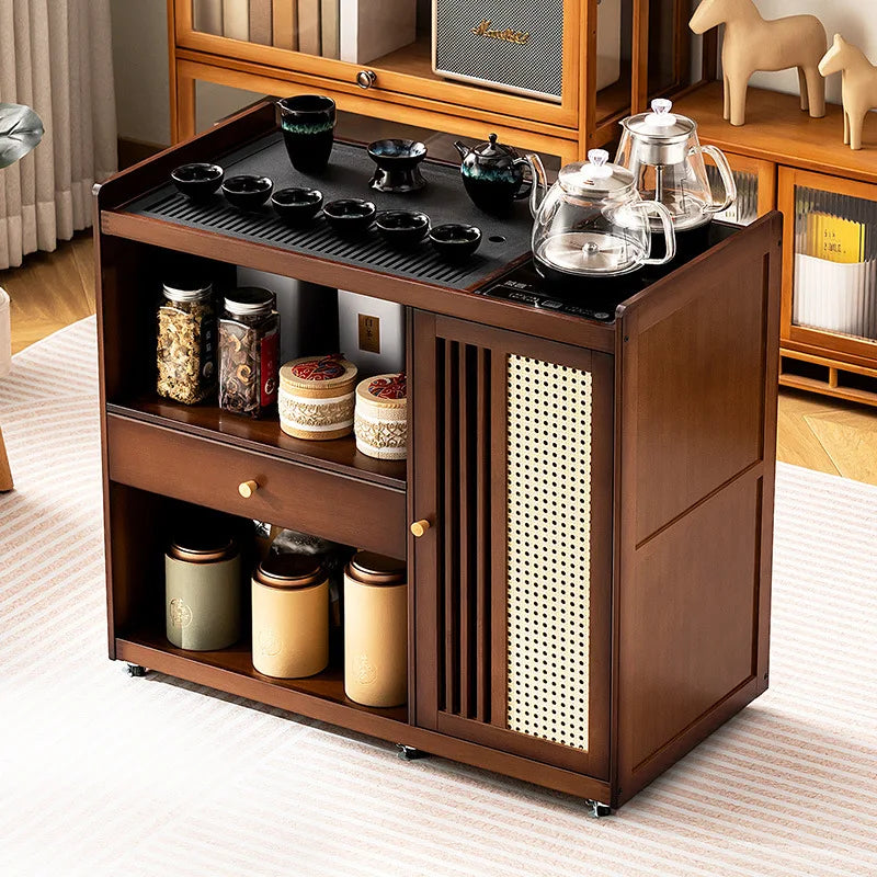 Mobile tea table Small tea table Kettle integrated tea cabinet Solid wood coffee table Tea cart Brewing tea table