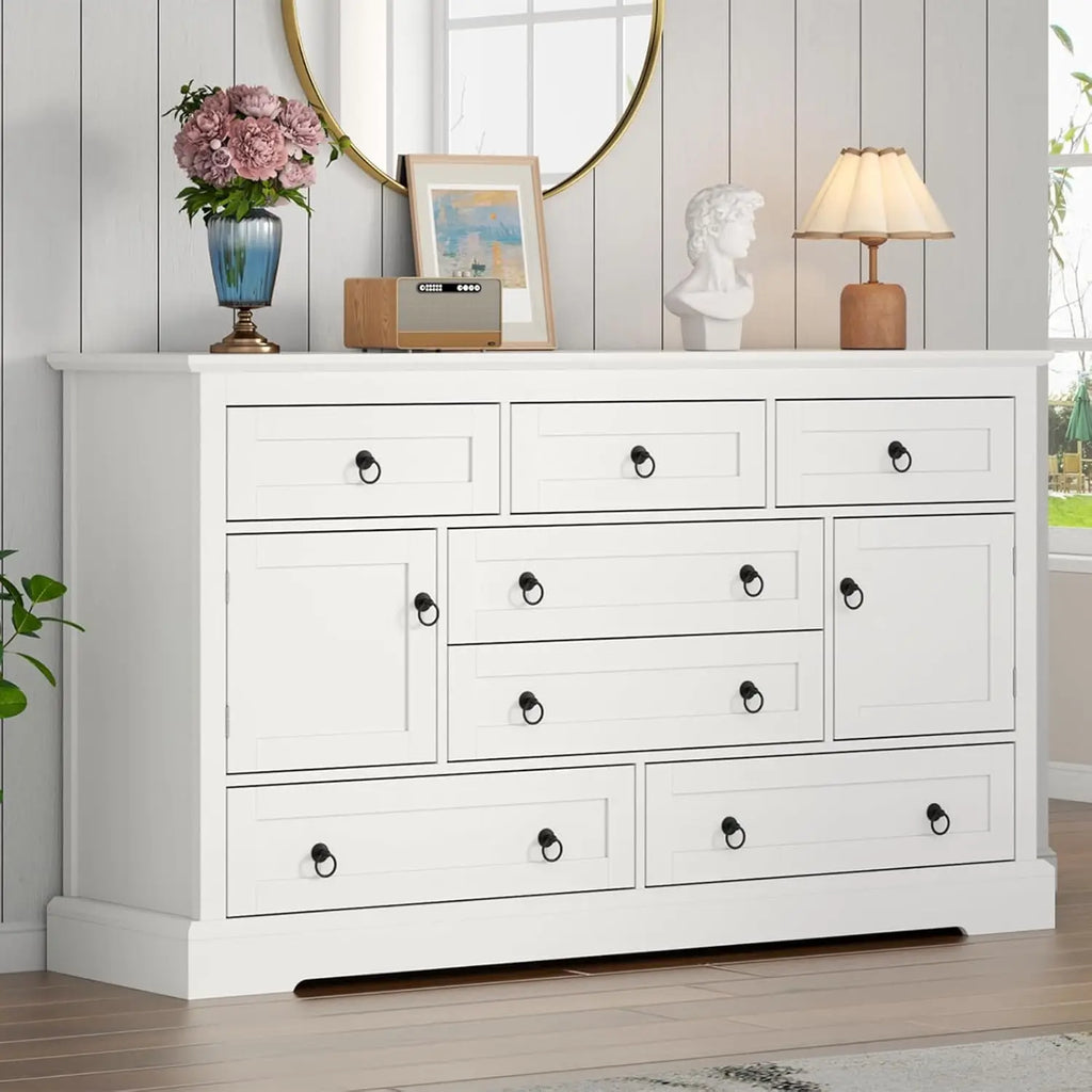 Farmhouse 7 Drawers Dresser for Bedroom, White Dresser Chest of Drawers, Wood Storage Dressers with Deep Drawers and Metal Handl