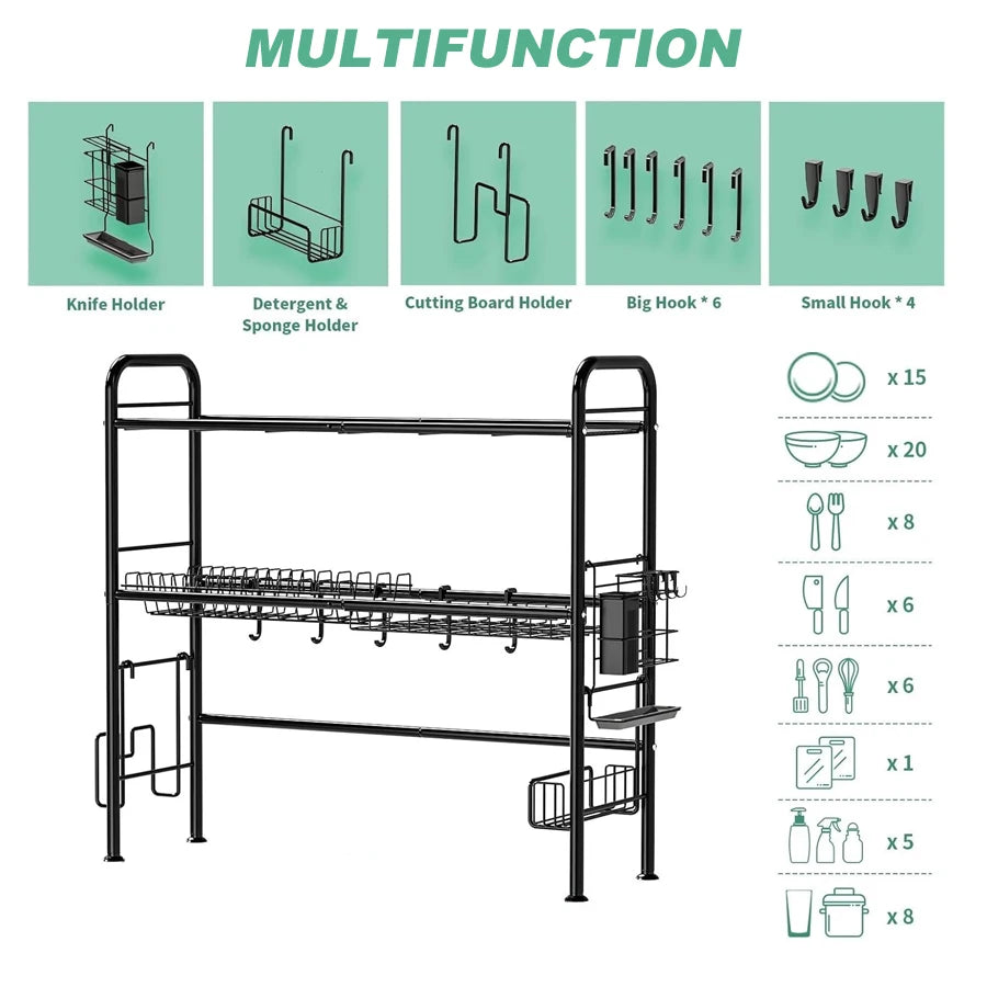 85cm Over Sink Dish Drying Rack, Large Capacity Metal Kitchen Organizer with Utensil Holder & Hooks, Space Saving For Countertop