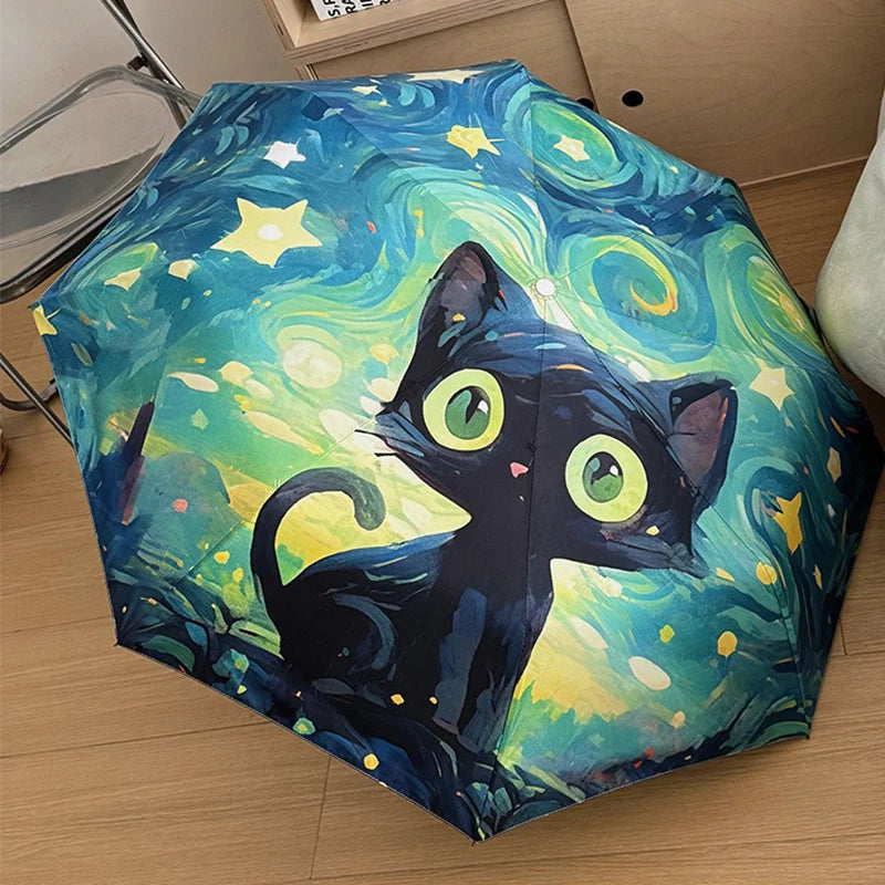 Cartoon Cat Green Folding Umbrella Professional Sun Protection And UV Protection Umbrella Dual use of Rain and Sunny Automatic