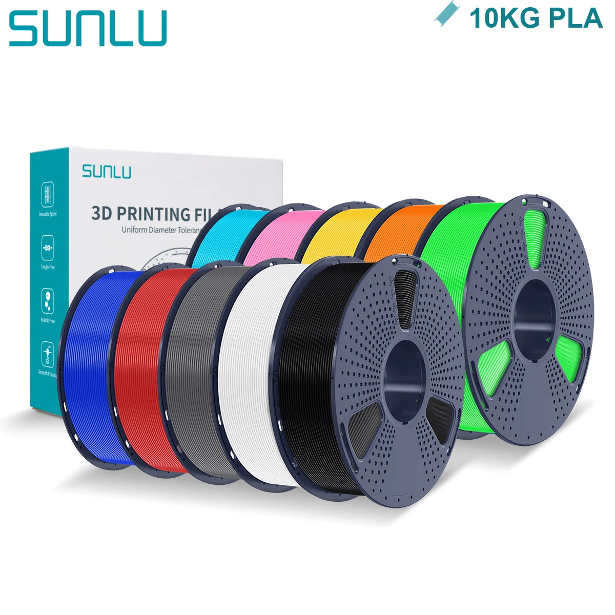 SUNLU PLA 3D Printer Filament 1.75mm - 10 Rolls x 1KG | Neatly Wound